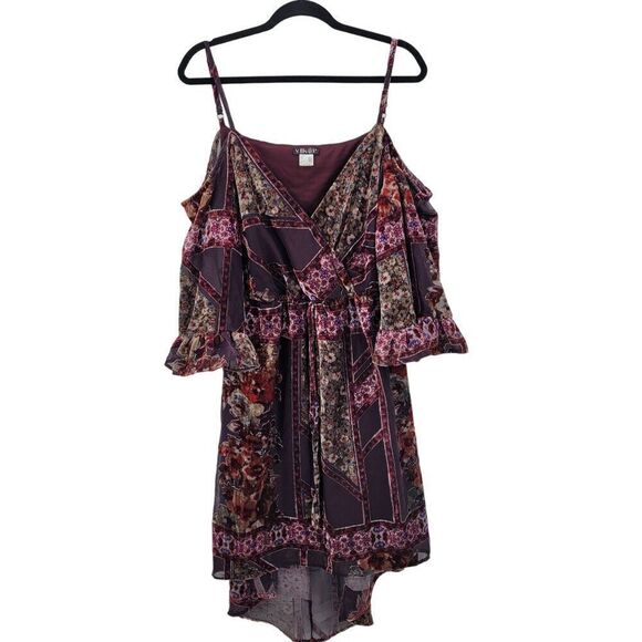 Venus Bohemian Floral High Low Cold Shoulder‎ Dress L Ox Blood Velvet Burnout - Picture 2 of 11